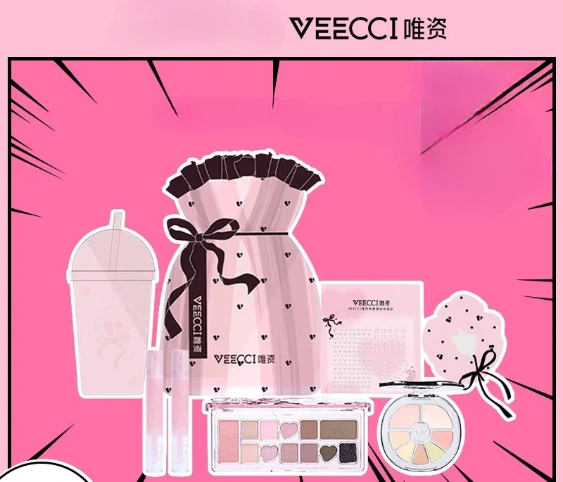 VEECCI-Juego de cuerdas para el pelo, lápiz labial rosa, sombra de ojos, corrector, caja de regalo bonita, Kit de maquillaje, dulce y picante