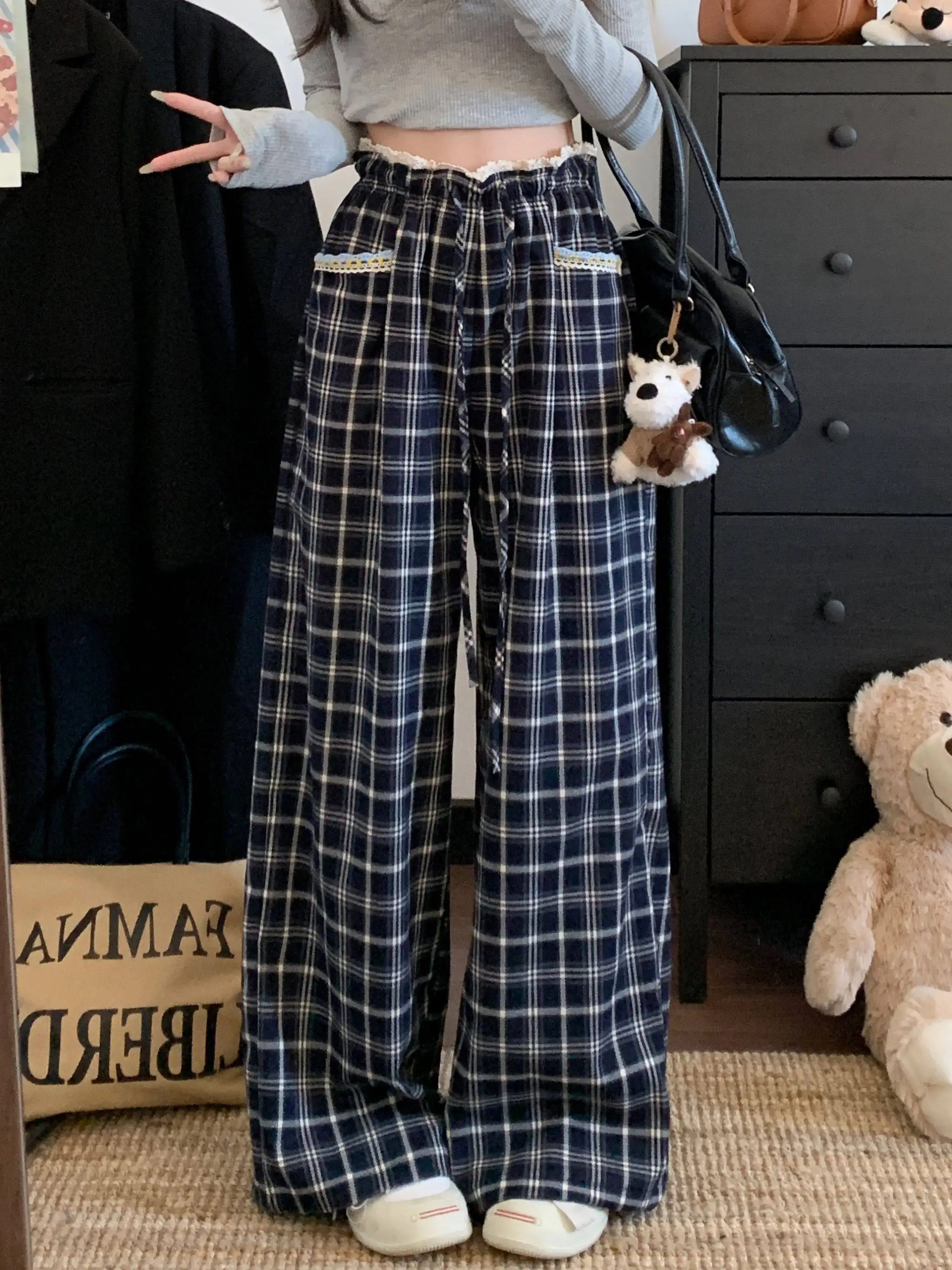 

Новые осенне-зимние женские брюки с высокой талией, синие в клетку, повседневные, прямые, широкие.