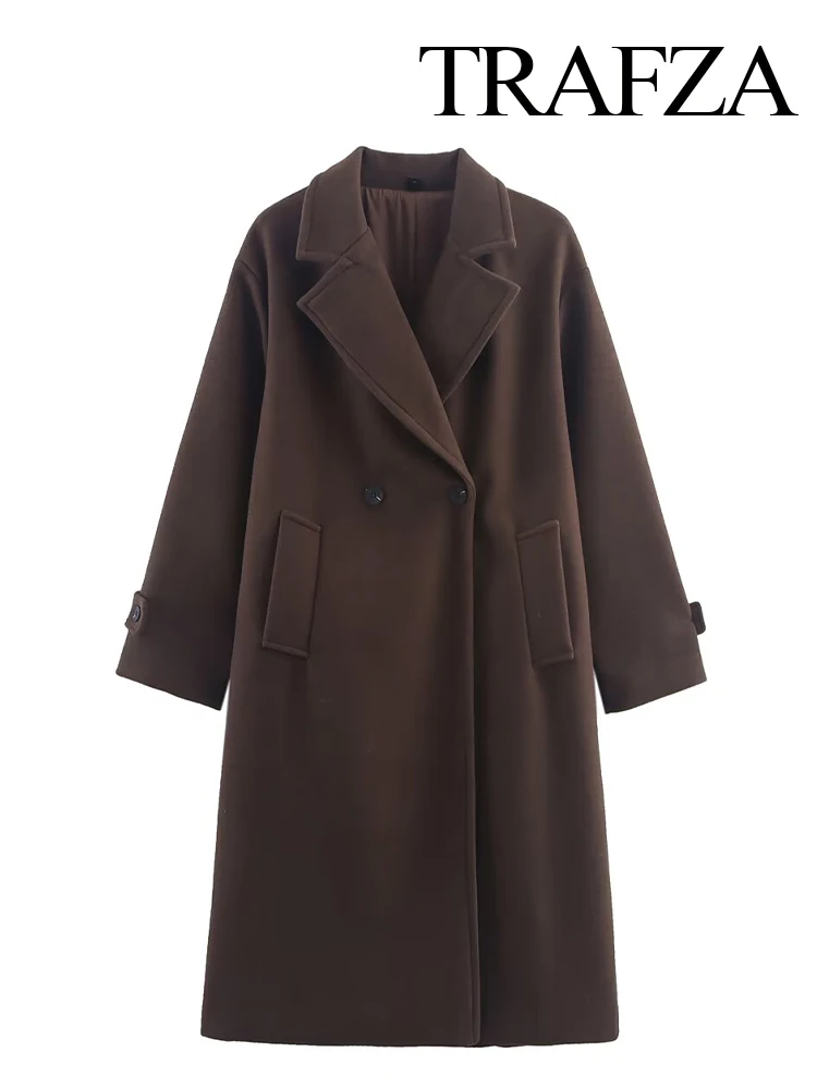 

TRAFZA Women Autumn Winter New Fashion Lapel Woolen Edition Long Coat Female Simple Elegant Warm High Street Casual Jacket Mujer