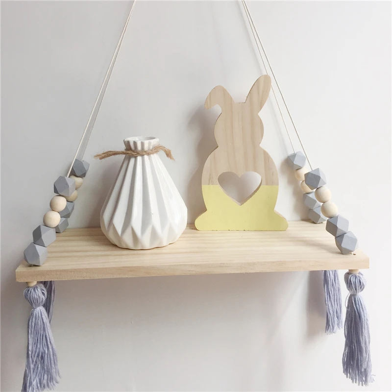 Nordic Style Swing Shelf Decorative Shelves Kids Wall Hanging Decor Room Macaroon Wooden Beads Tassel Shelf Storage Organization