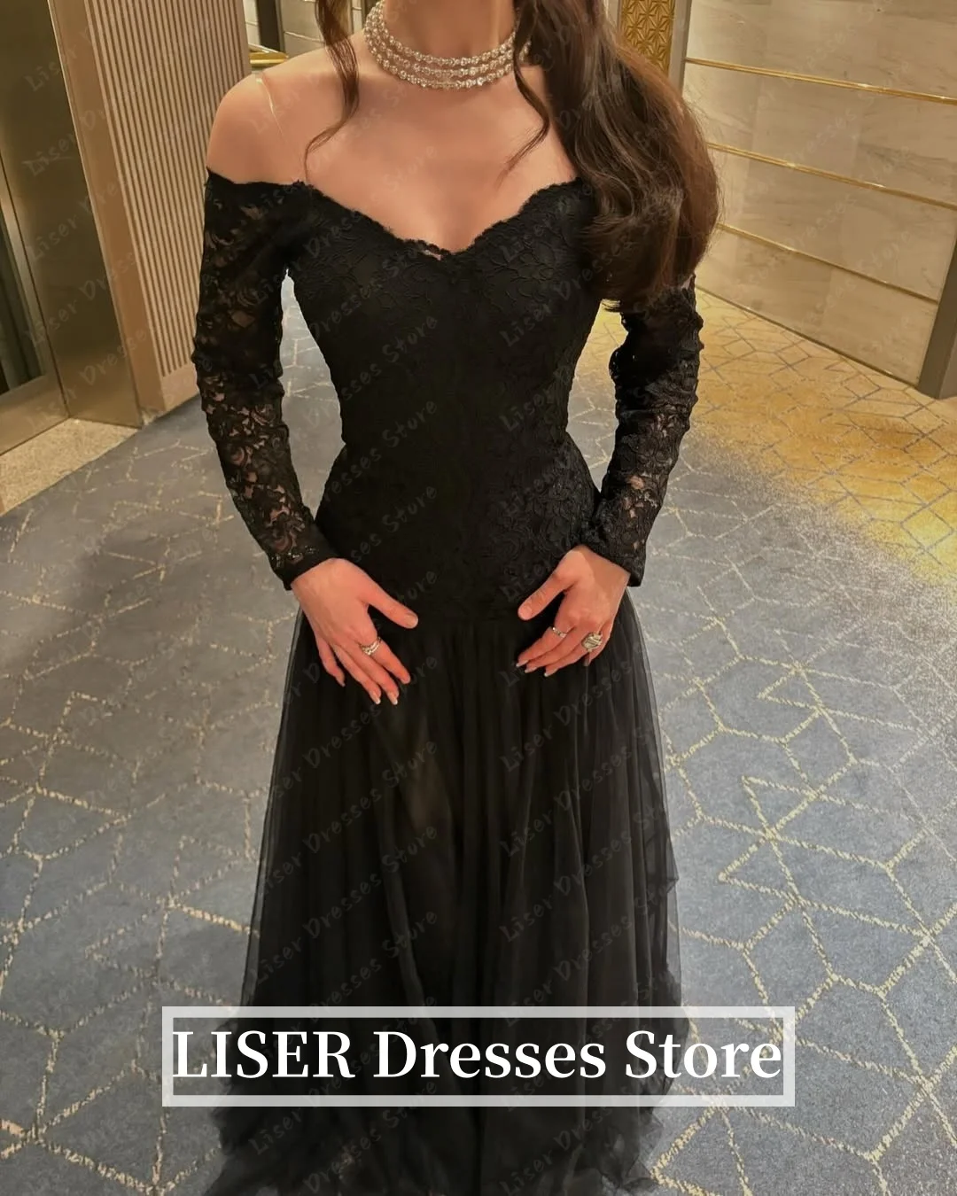 

Liser Black Elegant Evening Gown Women Lace Patchwork A Line Long Prom Party Dresses Customized Long Sleeves Formal Event Gown