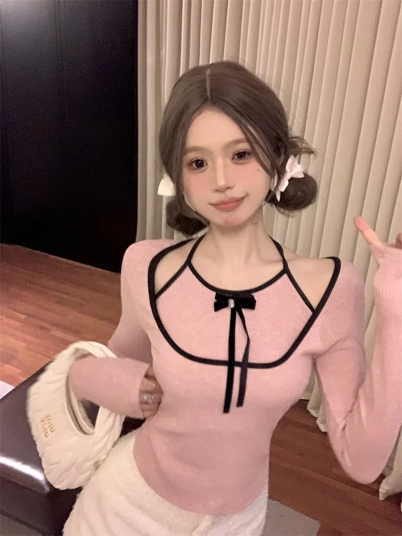 

Джемпер с бантом и открытыми плечами, туника Pull Femme, осенне-зимняя одежда, шикарные вязаные шапки, пуловеры, топы, искусственные два свитера, женский трикотаж