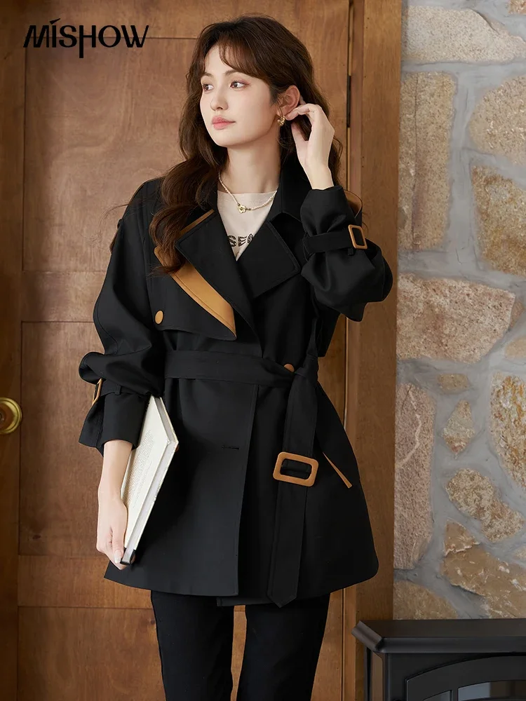 MISHOW Women\'s Trench 2024 Autumn Vintage Contrast Turn-down Collar Loose Female with Belt Double Breasted Solid Coat MXC44W0040