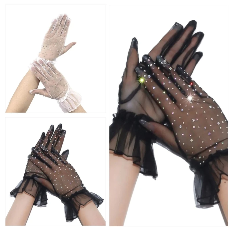 

Lace Rhinestones Gloves Sophisticated Women Fancy Short Tulle Mittens Bridal Gloves for Fashion Ladies