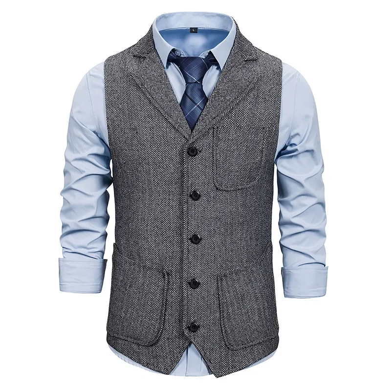 Men Suit Vest 2024 Fashion Korean  Multiple Pockets Herringbone Tweed Mens Waistcoat Formal Business Slim Fit Sleeveless Jacket
