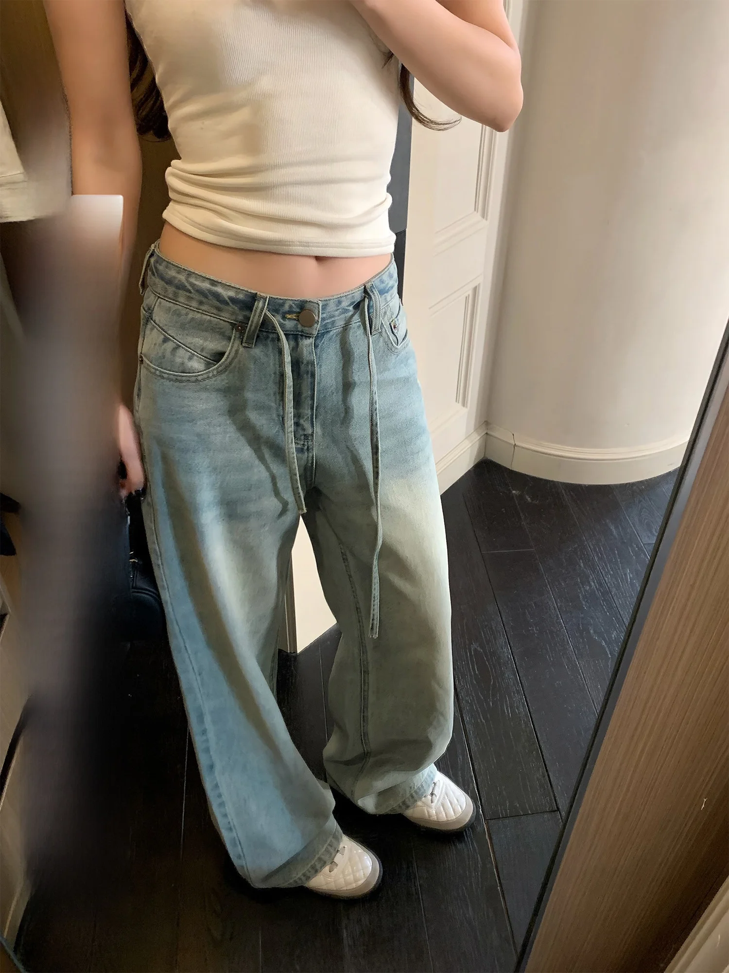 

Hhyii Vintage Drawstring Wide Leg Jeans Women's Korean Style High Waist Cotton Polyester Blend Casual Trousers
