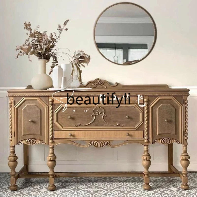 

French retro solid wood carving flower porch cabinet American retro dining side cabinet wall decorative locker