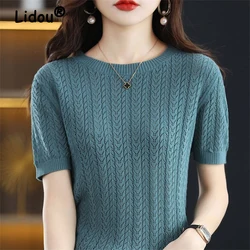 2024 Spring Summer Women Fashion Hollow Short Sleeve Ice Silk Knitwears Female Casual Solid Slim Round Neck Pullover Knit Tops