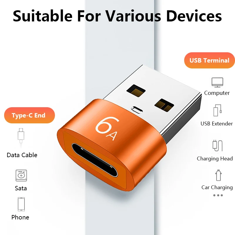 6A USB 2.0เป็น Type C อะแดปเตอร์ตัวแปลง USB ตัวเมียเป็น USB ตัวผู้ชาร์จข้อมูลได้อย่างรวดเร็วสำหรับ PC แล็ปท็อปอะแดปเตอร์ Xiaomi Samsung