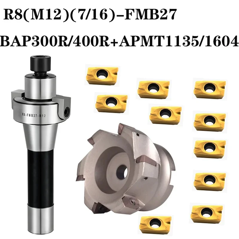 

R8 FMB27 R8(M12) R8(7/16 )Toolholders+1PCS BAP300R BAP400R+10pcs APMT1604 APMT1135Carbide Inserts for CNC Lathe Face Endmill