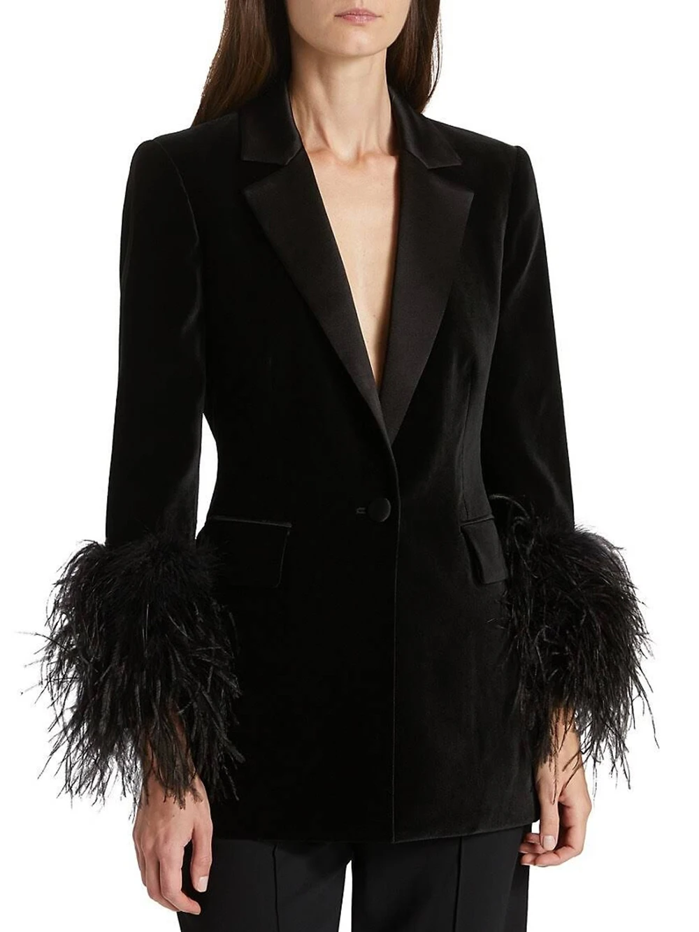 

High-quality Black Velvet Suit Single Button Ostrich Hair Decoration Long Sleeve Slim Commuter Women Blazer Jacket Ladies