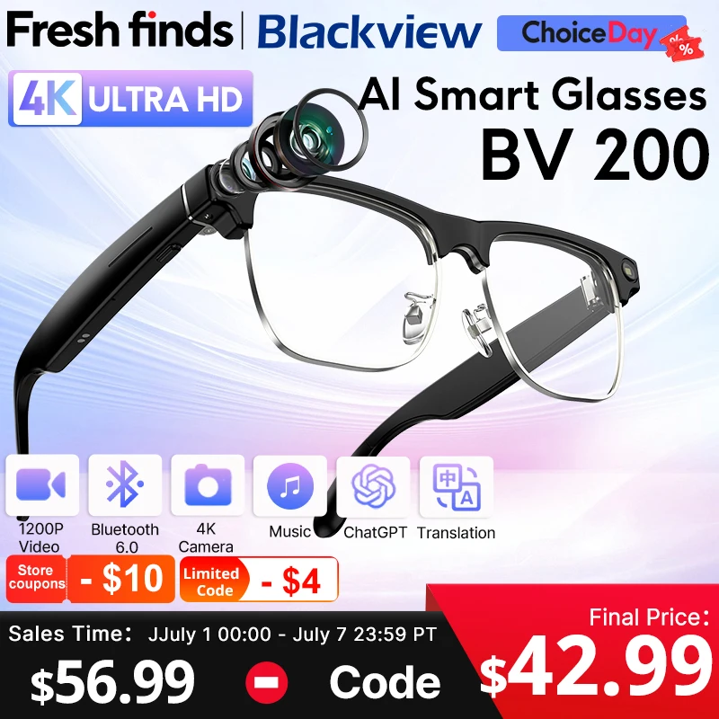 新型Blackview BV200撮影スマートグラス 4KウルトラHDカメラ Bluetooth通話 音声アシスタント AI翻訳 BT 6.0搭載メガネ