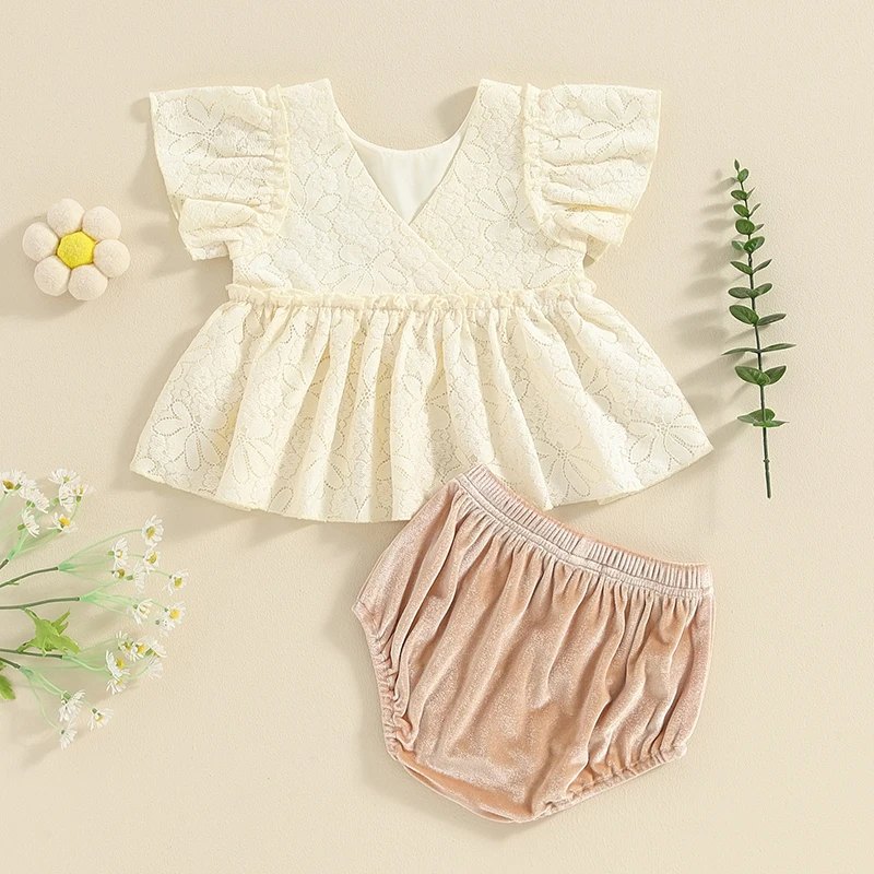 Baby Girl 2 Piece Lace Flower Summer Clothing Round Neck Fly Sleeve Ruffled Hem Tops + Elastic Waist Shorts Infant Newborn Set