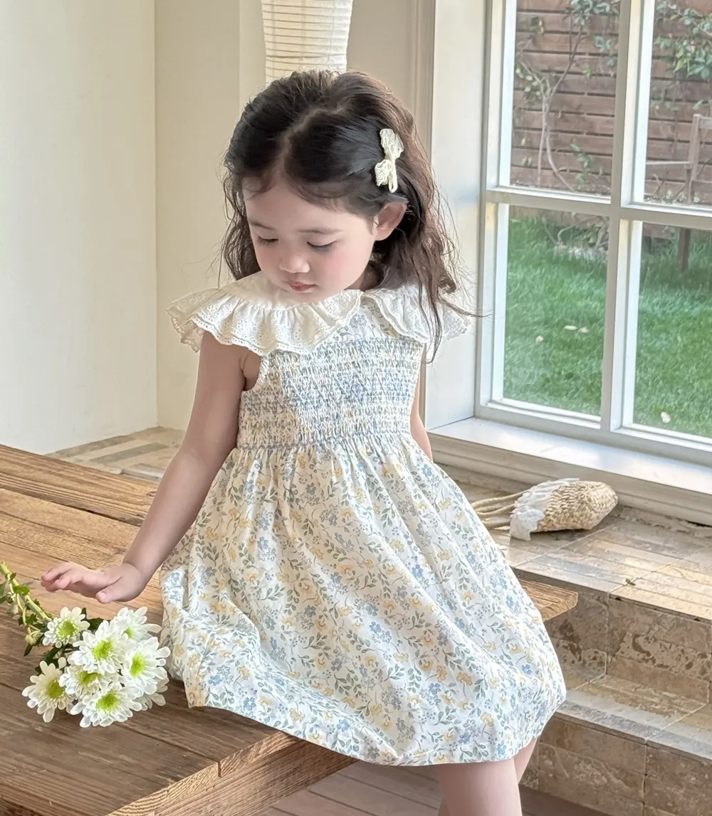 

spring summer baby girls clothes liitle girl dress cotton Hand embroidered large lapel Yellow flower pattern girls' dress