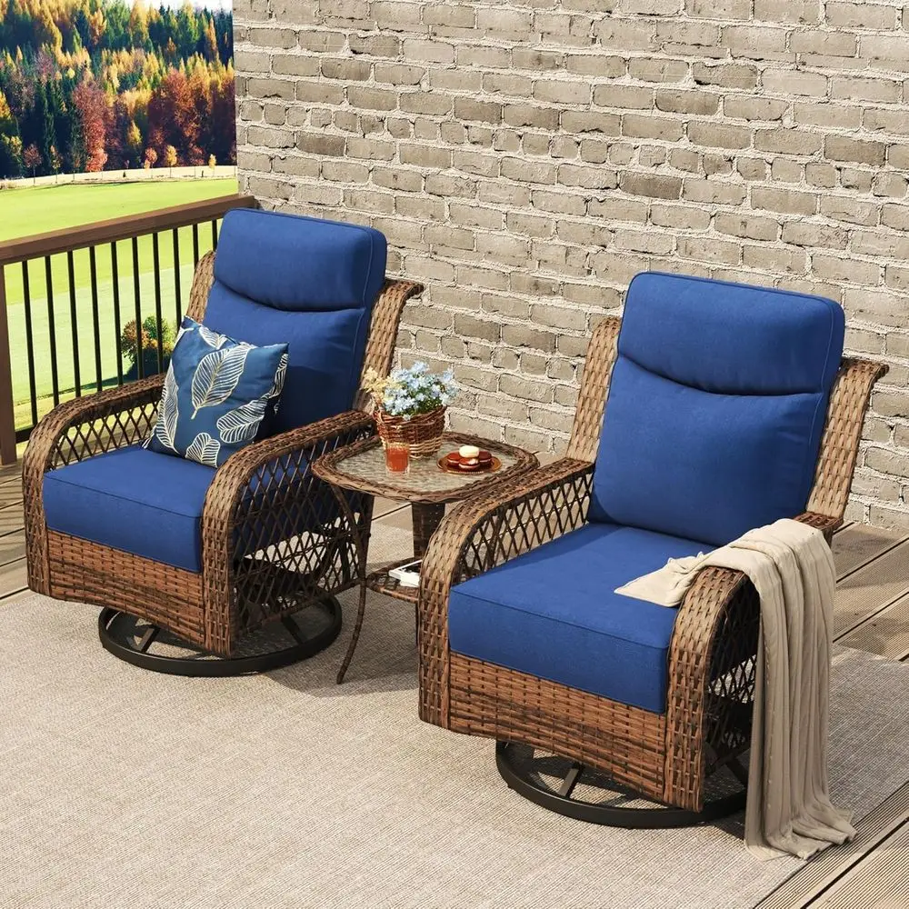 

3-Piece Outdoor Wicker Rocking Chair Set with Swivel and Side Table, Thick Cushions for Patio, Deck, or Garden