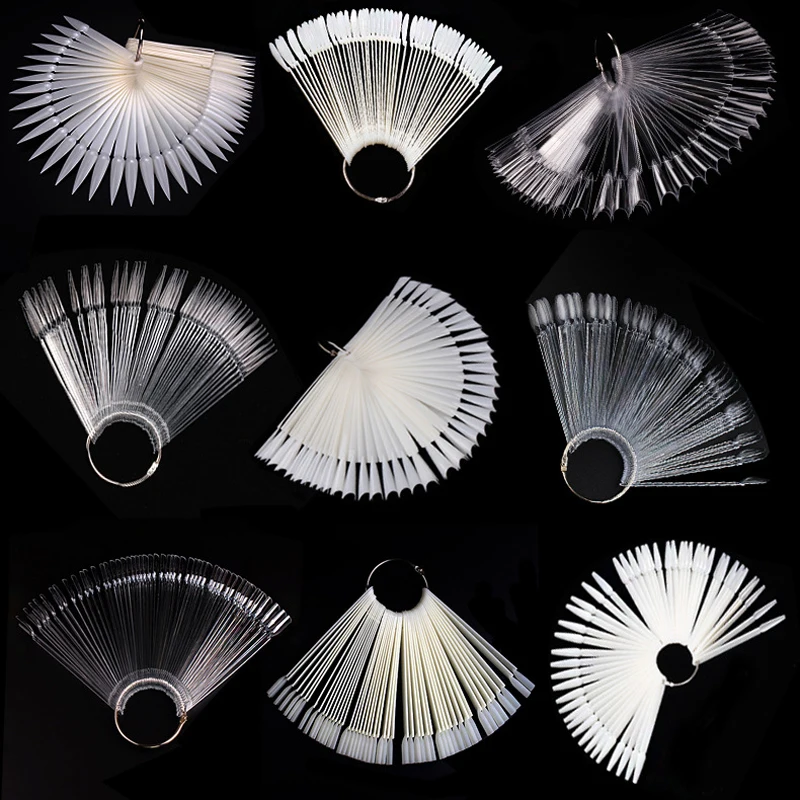 50 pçs dicas falsas para exibição da arte do prego claro natureza preto acrílico ventilador swatch gel unha polonês mostrando prateleira prática manicure ferramenta