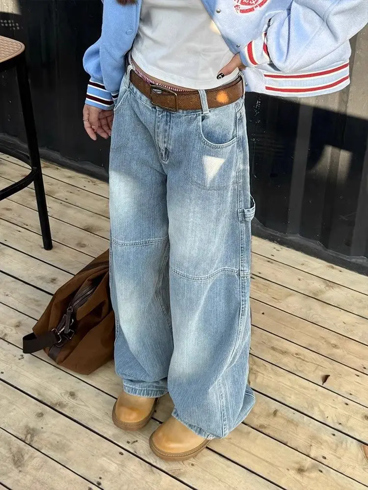 HOUZHOU Vintage Blue Baggy Jeans Women Y2k Harajuku Washed Wide Leg Jeans Female Grunge Korean Fashion Streetwear Denim Trousers