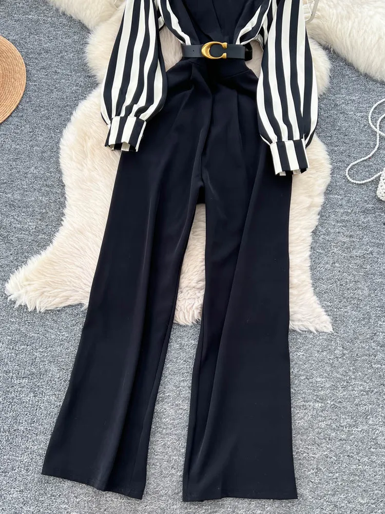 캐주얼 스트라이프 긴팔 패치워크 슈트 칼라 허리 조임 슬림핏 레저 원피스 팬츠 하이웨이스트 스트레이트 레그 출퇴근 스타일
