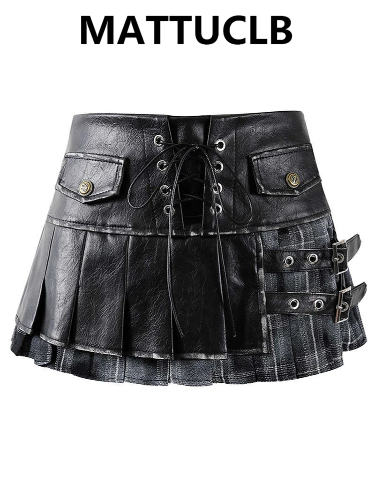 

Women's Pu Faux Leather Mini Pleated Skirt Gothic Korean Plaid Patchwork Coquette 2000s Aesthetic American Retro Party A-line
