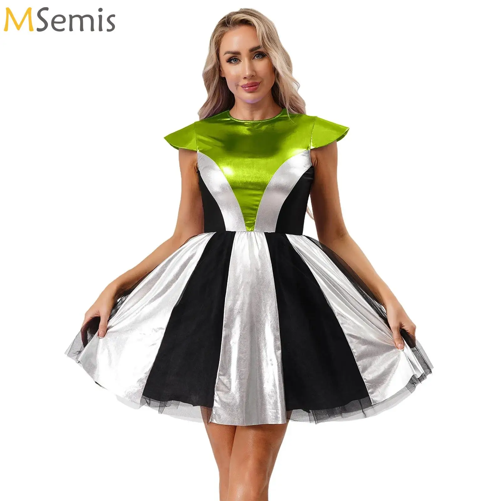 

Adult Astronaut Costume Women Space Alien Metallic Dress Suit Space Cadet Tulle Dress Halloween Cosplay Theme Party Dress Up