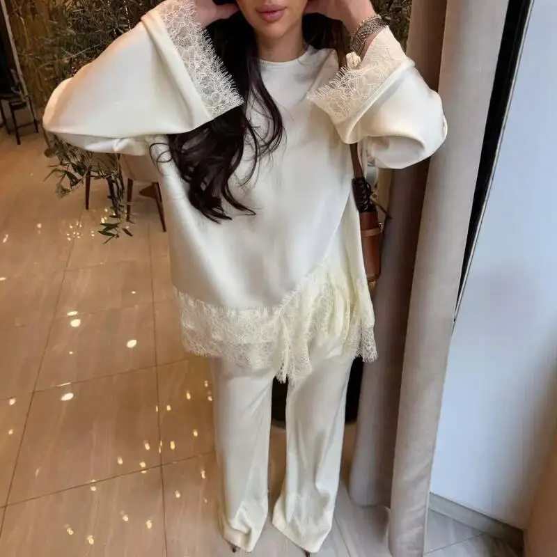 Lace Patchwork Satin Casual Set Two Piece Women With Long Sleeved Round Neck Top And Floor Length Pants Summer Loose Comfortable
