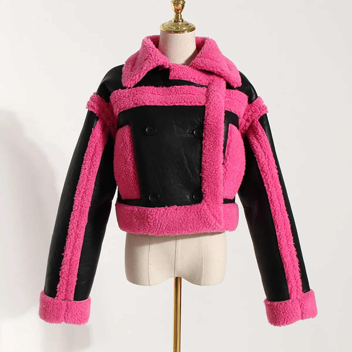 Fashion Fall Autumn Warm Casual Long Sleeve Color Blocking Patchwork Fur Motorcycle Short Crop Women Bomber Jacket Winter Coat