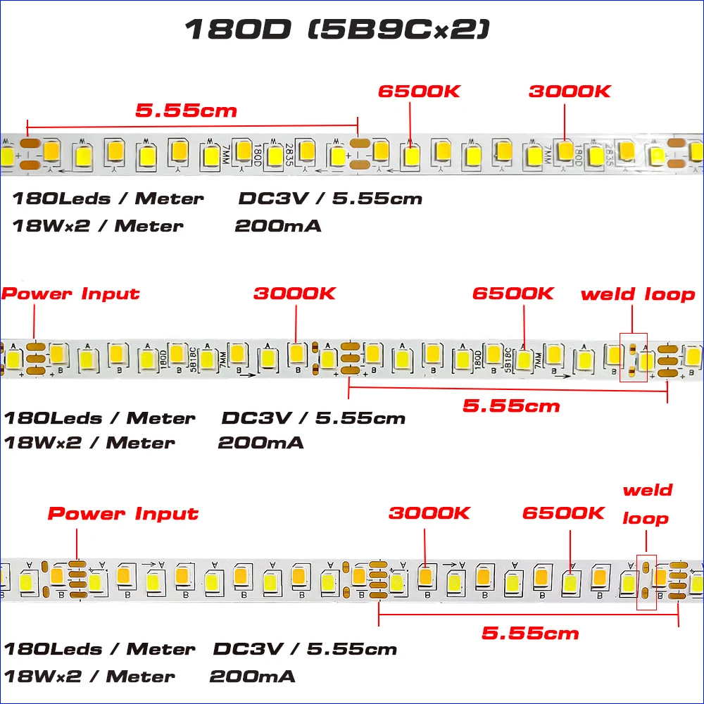 A tira clara conduzida, 5 medidores, 2835-180d, 5b9c x 2, 200ma, corrente constante, 18w x 2/meter, 3 cores, trabalha com motorista conduzido