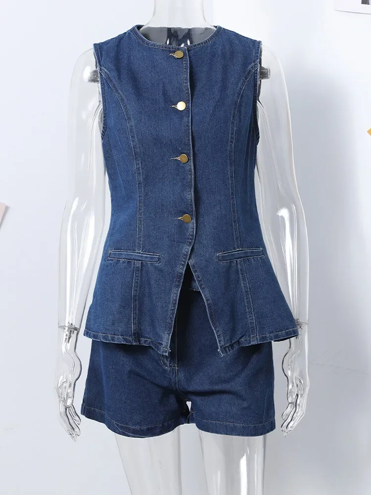 Denim 2-piece Women's Fashion Slim-fit O-collar Sleeveless Single-breasted Vest Wide Leg Shorts New Women's Summer 2024