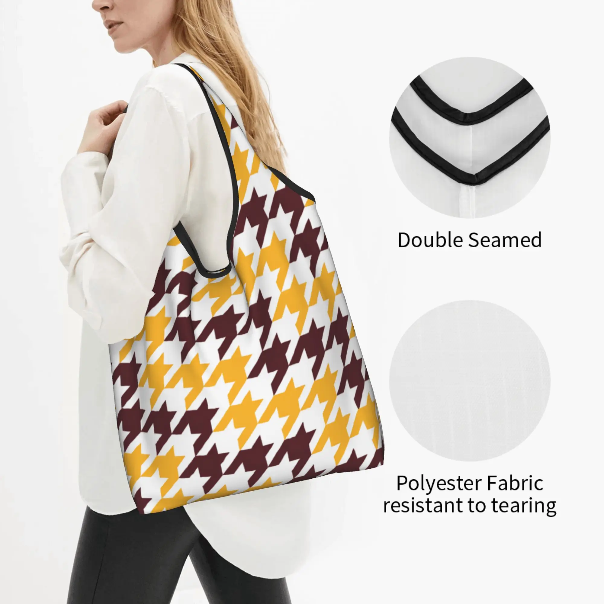 Houndstooth Checkered Grocery Shopping Bag Custom Shopper Shoulder Tote Bag Large Capacity Portable Dogstooth Geometric  Handbag