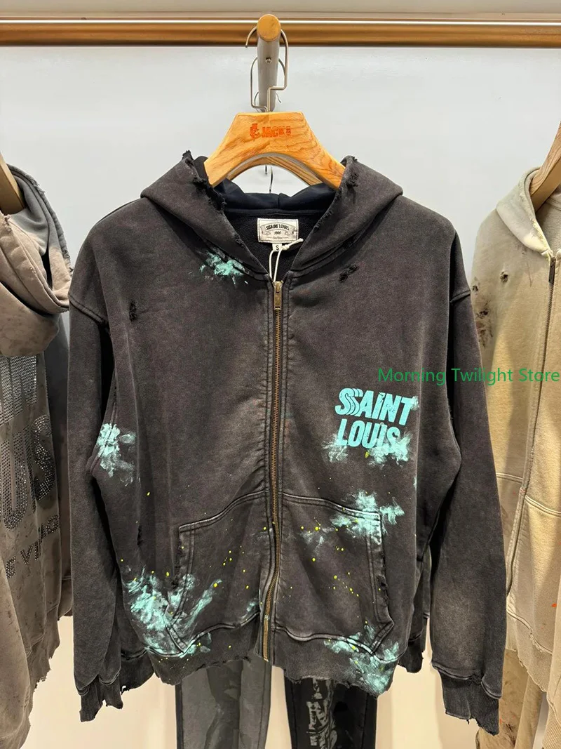 High Quality SAINT LOUIS Splash-ink Letter Print Washed Long Sleeve Zipper Vintage Hoodie Loose Men Women Streetwear