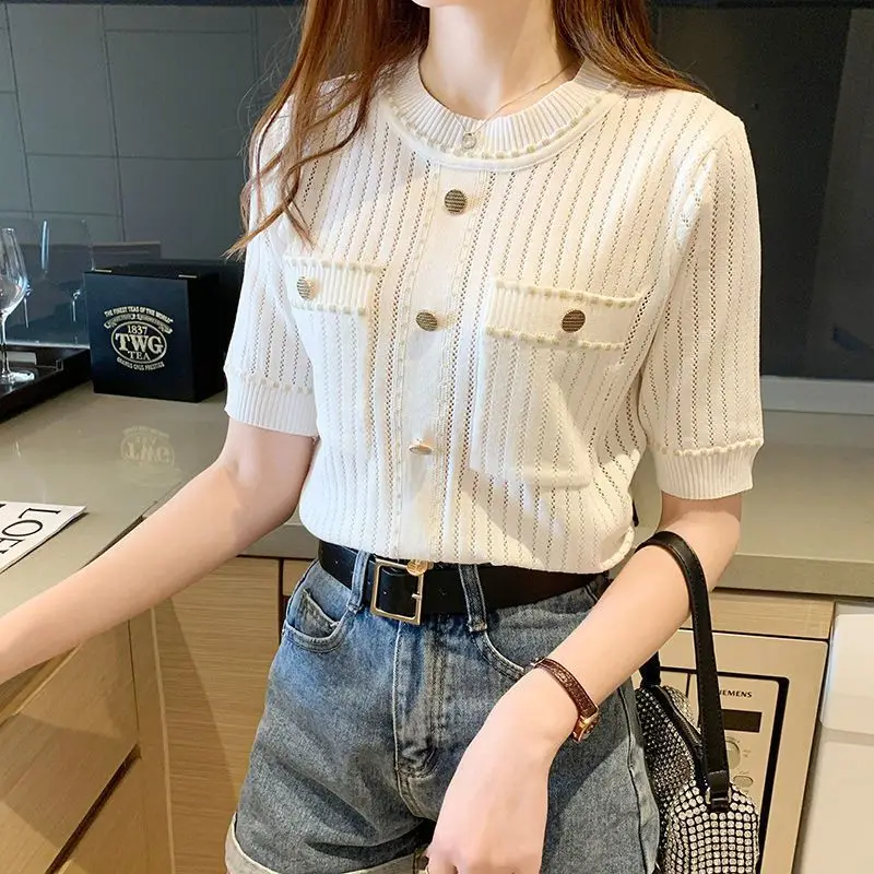 

French Style Summer T-Shirts Women's Solid O-Neck Ice Silk Button Patchwork Fashion Office Lady Slim Short Sleeve Knitting Tops