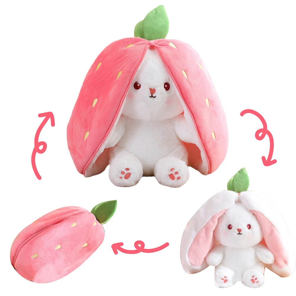 18/25/35 Cm Stuffed Soft Bunny Hiding in Strawberry Bag Toy Bunny Stuffed Plush Toy Soft Lovely Gift Easter Gift for Kids Adults