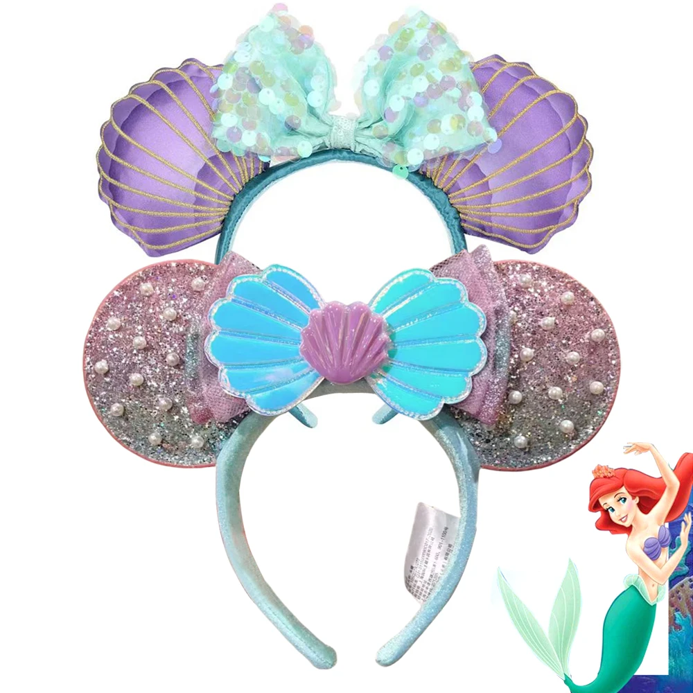 Disney Princess series Mermaid Minnie Mouse Headband  shell Bows EARS COSTUME Headband Cosplay Plush Adult/Kids Headband Gift