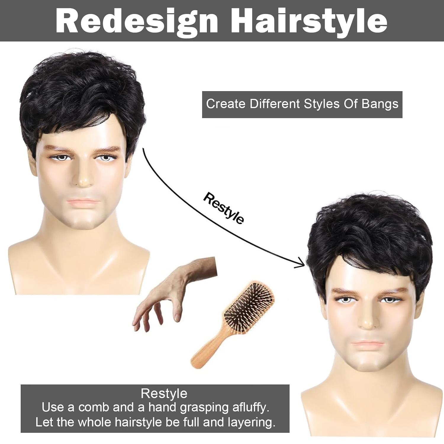 Mens Wig Short Black Layered Hair Natural Looking Style Layered male wig, effortless styling, easy wear for daily use, Synthetic