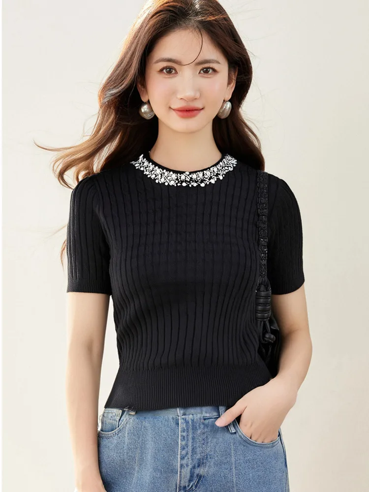 

Pearl Round Neck Knitted Sweater For Women French Luxury Elegant Slim Thin Base Tops Female Fashion Casual Summer T-shirt