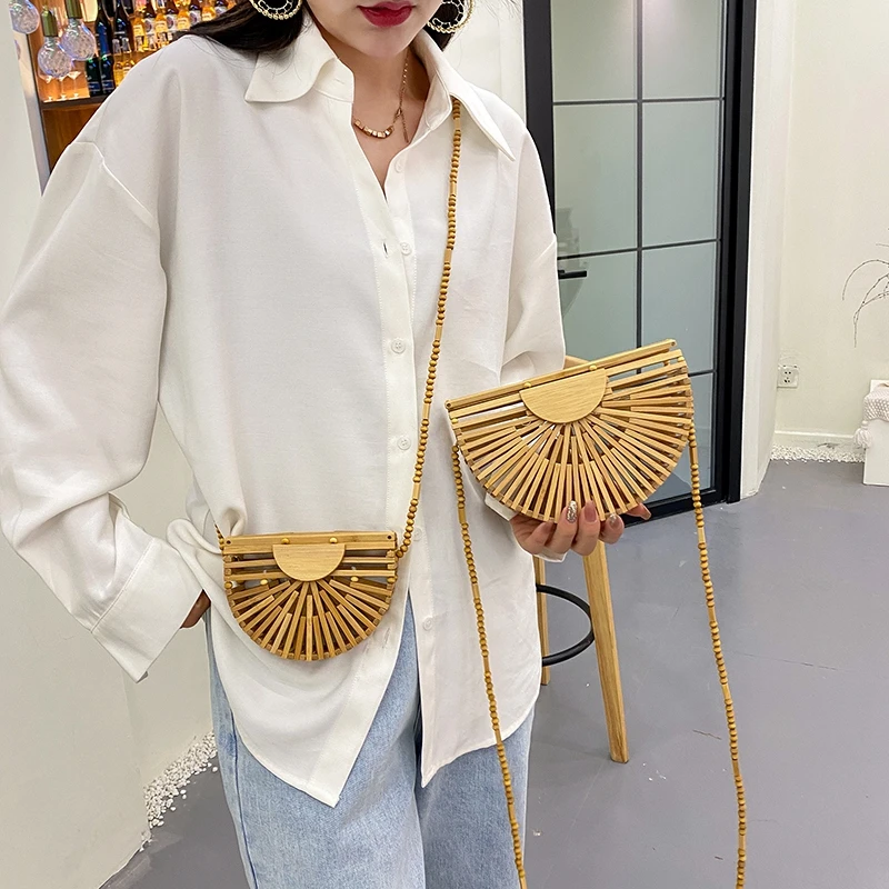 Bolsos cruzados de madera de media luna para mujer, bolso de paja de playa tejido de bambú, bolso de hombro pequeño, Mini bolso femenino, moda de verano