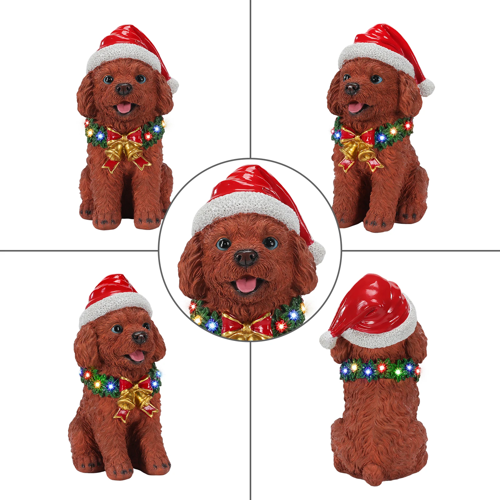 Lighted Christmas Teddy Poodle Dog Statue, Santa Hat Puppy Figurine with Wreath and Bow, Colorful Light-Up Accent, Detailed Puppy Sculpture, Versatile Holiday Decor for Living Room, Entryway, Fireplace, Christmas Tree, Gift for Dog Lovers