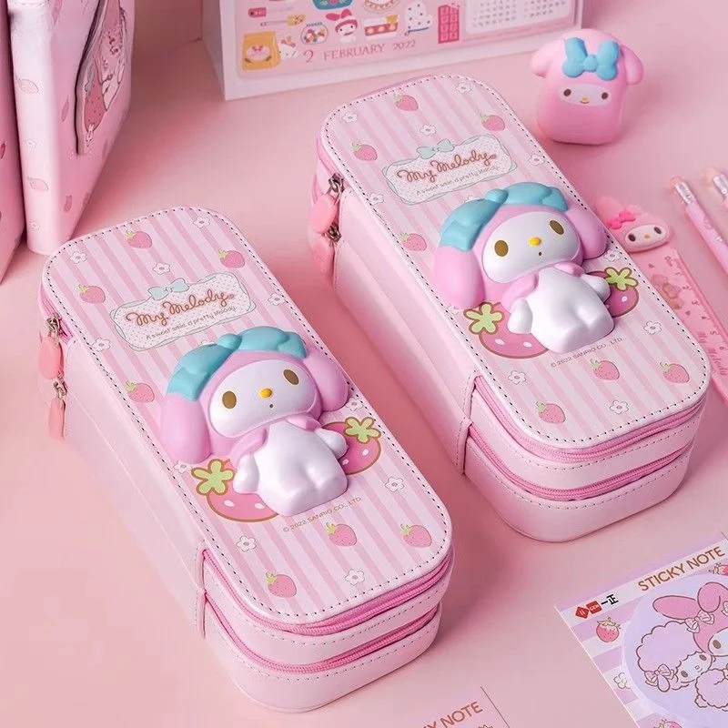 Imagem -04 - Kawaii pu Grande Capacidade Lápis Case Melodia Hellokitty Cinnamoroll Escola Lápis Bolsa Bolsa Pen Artigos de Papelaria Suprimentos