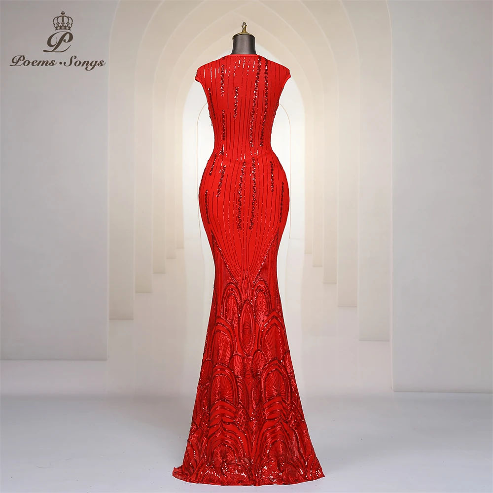 Błyszczące czerwone cekiny sexy back Mermaid suknia wieczorowa z krótkimi rękawami V Neck długie sukienki balowe Party formalna sukienka Maxi