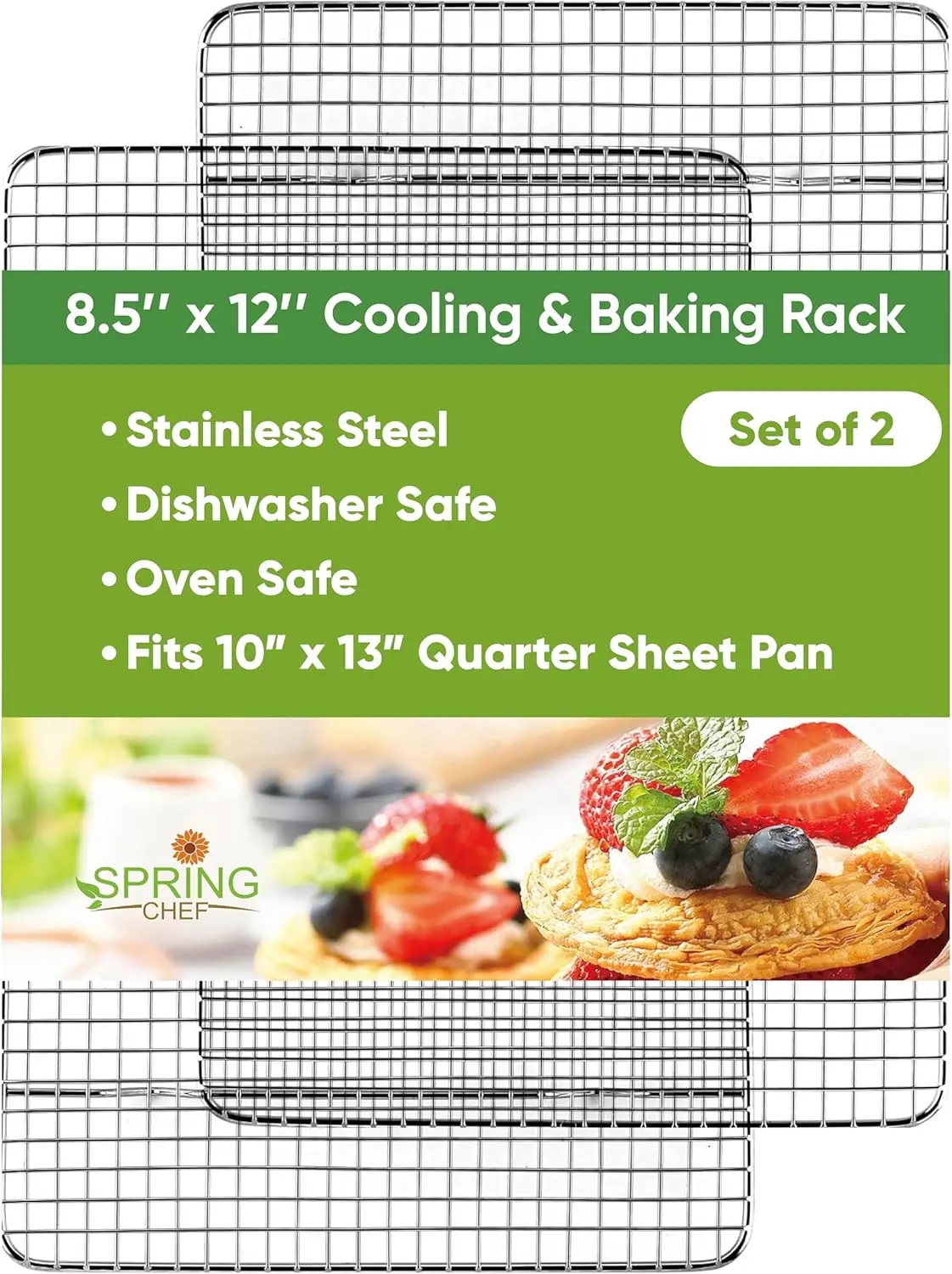 

Stainless Steel Cooling Racks, 8.5x12 inch, Set of 2 - Fits Quarter Sheet Pan, Oven Safe to 575°F, Dishwasher Safe