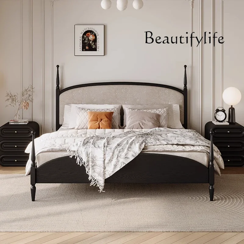 

X36 French Retro Modern Simple Solid Wood Bed 1.5 Master Bedroom Black Soft Bag Flannel 1.8 Meters Double Bed