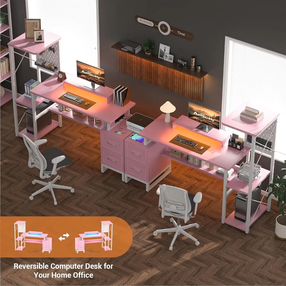 Computer Desk with 2 Fabric Drawers - Reversible Home Office Desk with Power Outlet & LED Lights, 53 Writing Desk with Monitor S