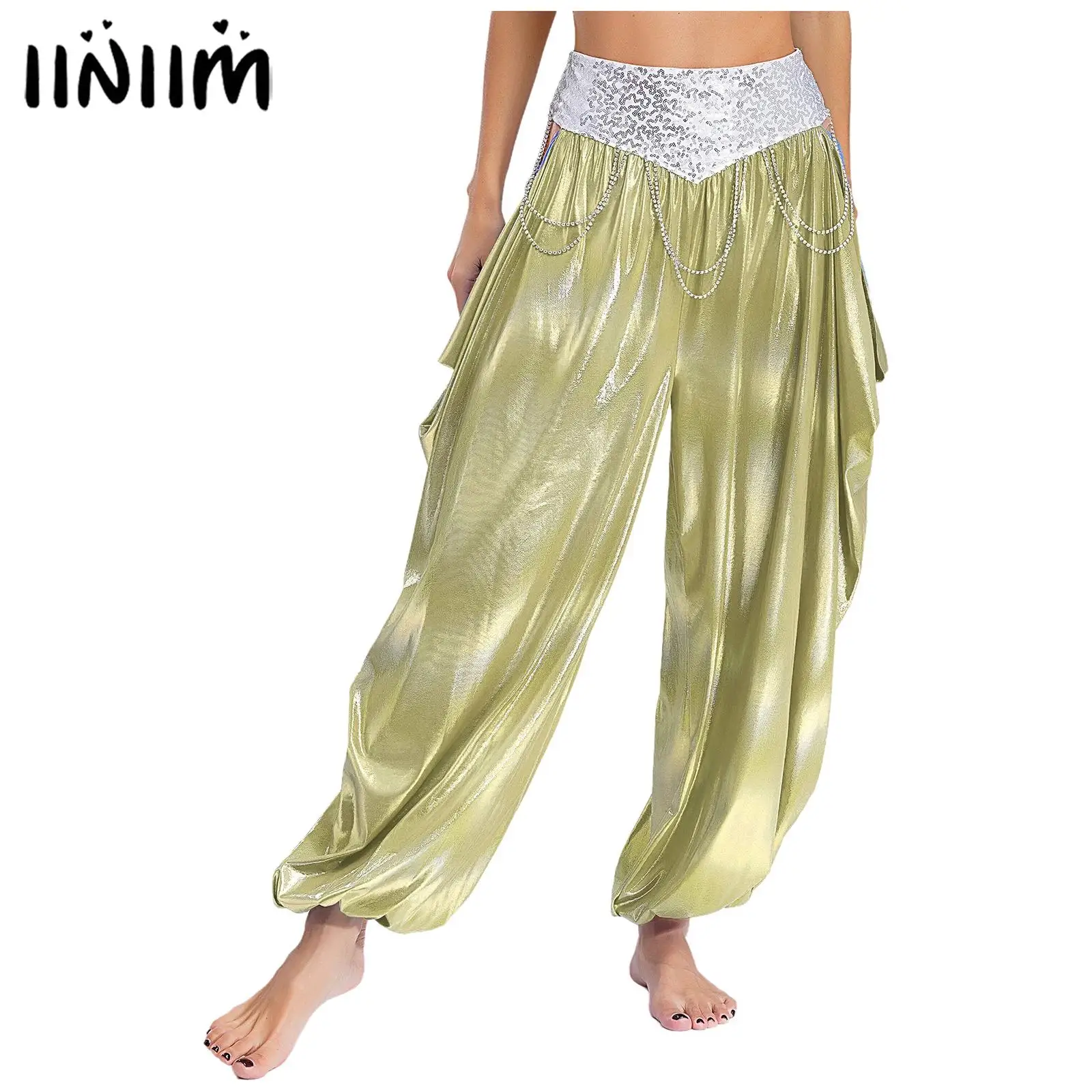 Mulheres strass correntes dança do ventre calças metálicas espumante lantejoulas cintura calças recorte solto bloomers traje de madeira do ventre