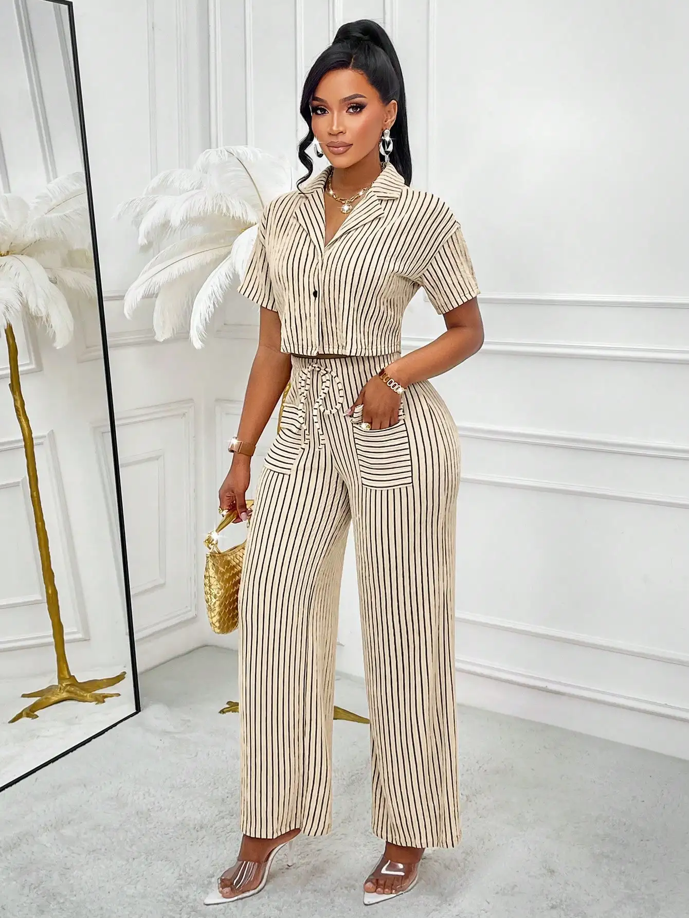 Women's Striped Cropped Shirt and Wide-Leg Pants 2-Piece Set, Casual Summer Outfit