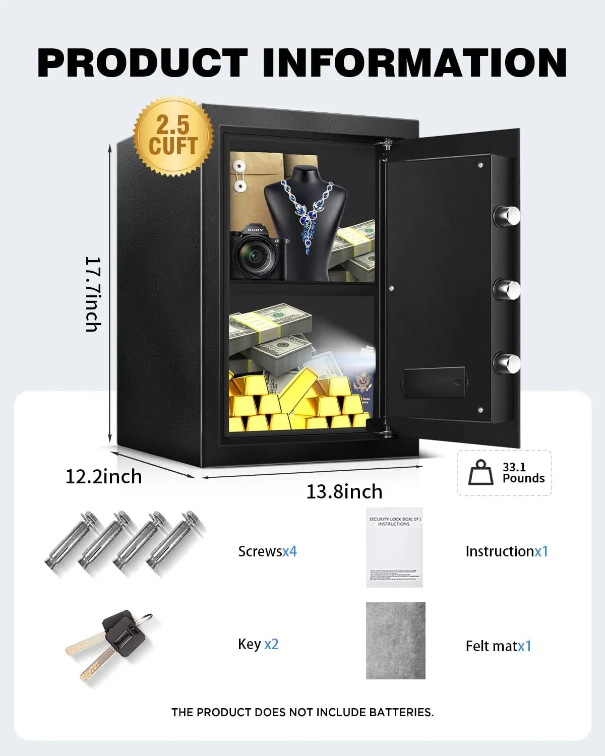 2.5 Cu Ft Digital Home Safe with Alarm, LED Light & Silent Keypad \u2013 Large Security Box with Adjustable Shelf for Documents