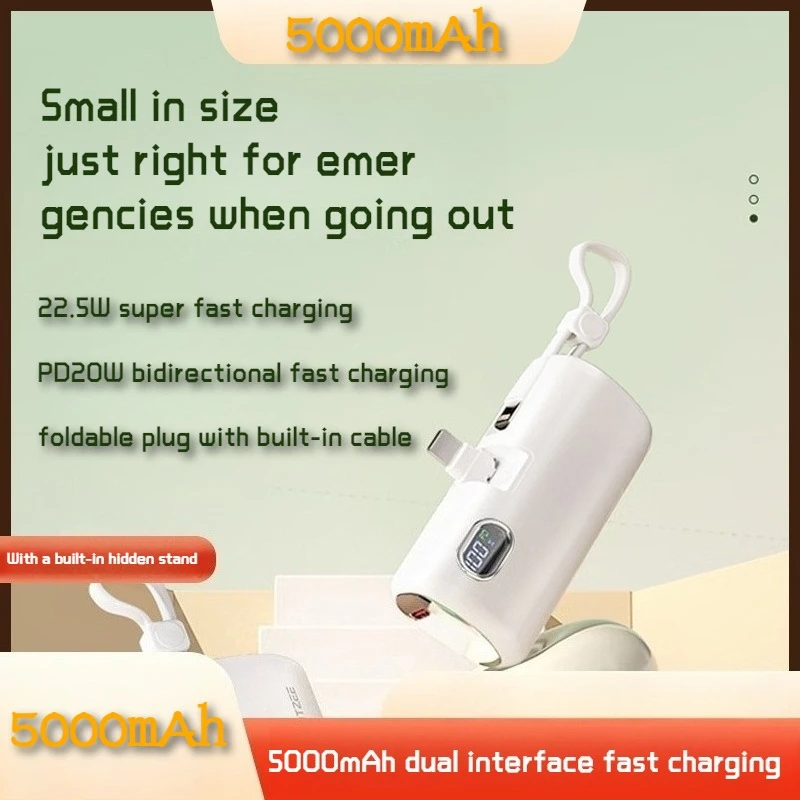 

5000mAh Capsule Power Bank with Fast Charging Large Capacity Small and Portable Emergency Mobile Power Source Built-in Cable