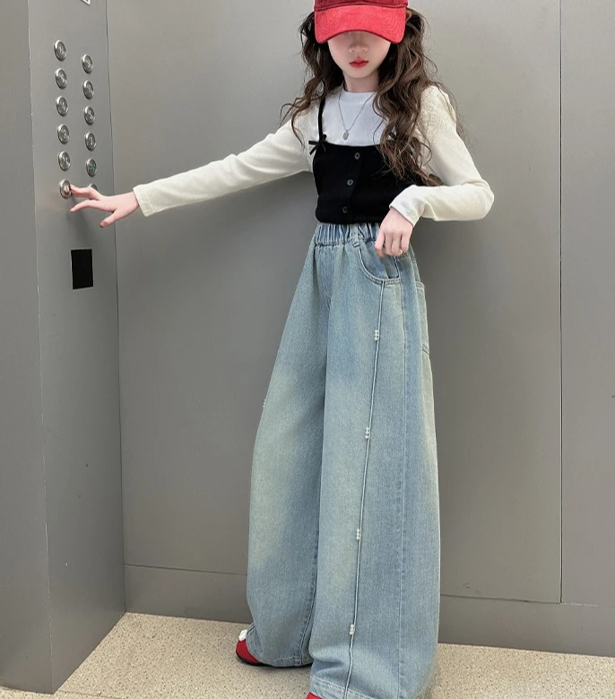 

Girls Pants Spring and Autumn Korean Version Denim Wide Leg Pants Versatile Daily Casual Temperament Wear