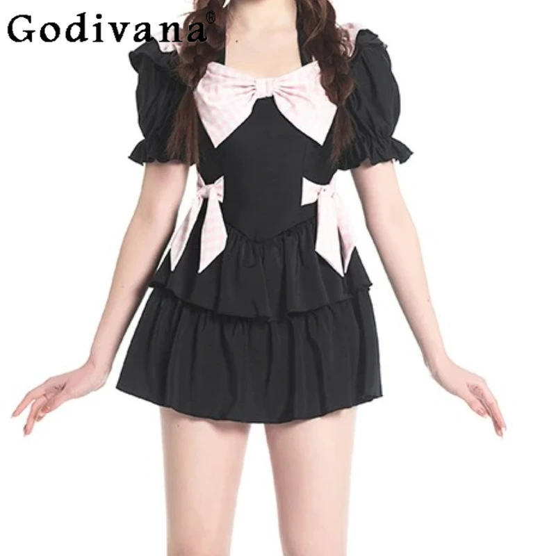 2025 ฤดูร้อนญี่ปุ่นใหม่แม่บ้าน Bow Lace Up O-คอสั้นแขนเสื้อ One-piece ชุดว่ายน้ําหญิงน่ารักหวาน Seaside Party ชุดว่ายน้ํา