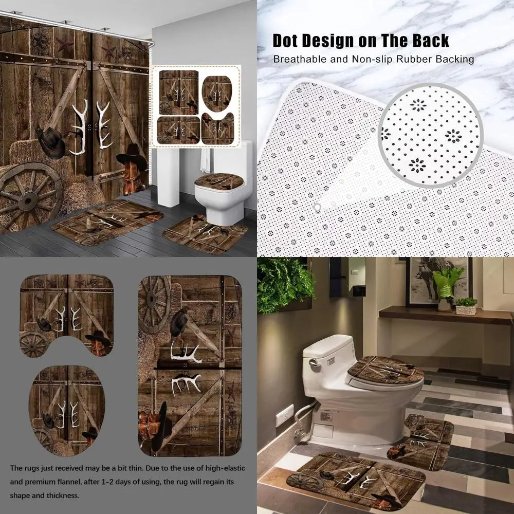 

Комплект занавесок для душа в деревенском стиле: винтажный западный стиль с дверью для сарая, рогами оленя, колесом универсал, звездой фазана, ковбойской шляпой и ботинками.