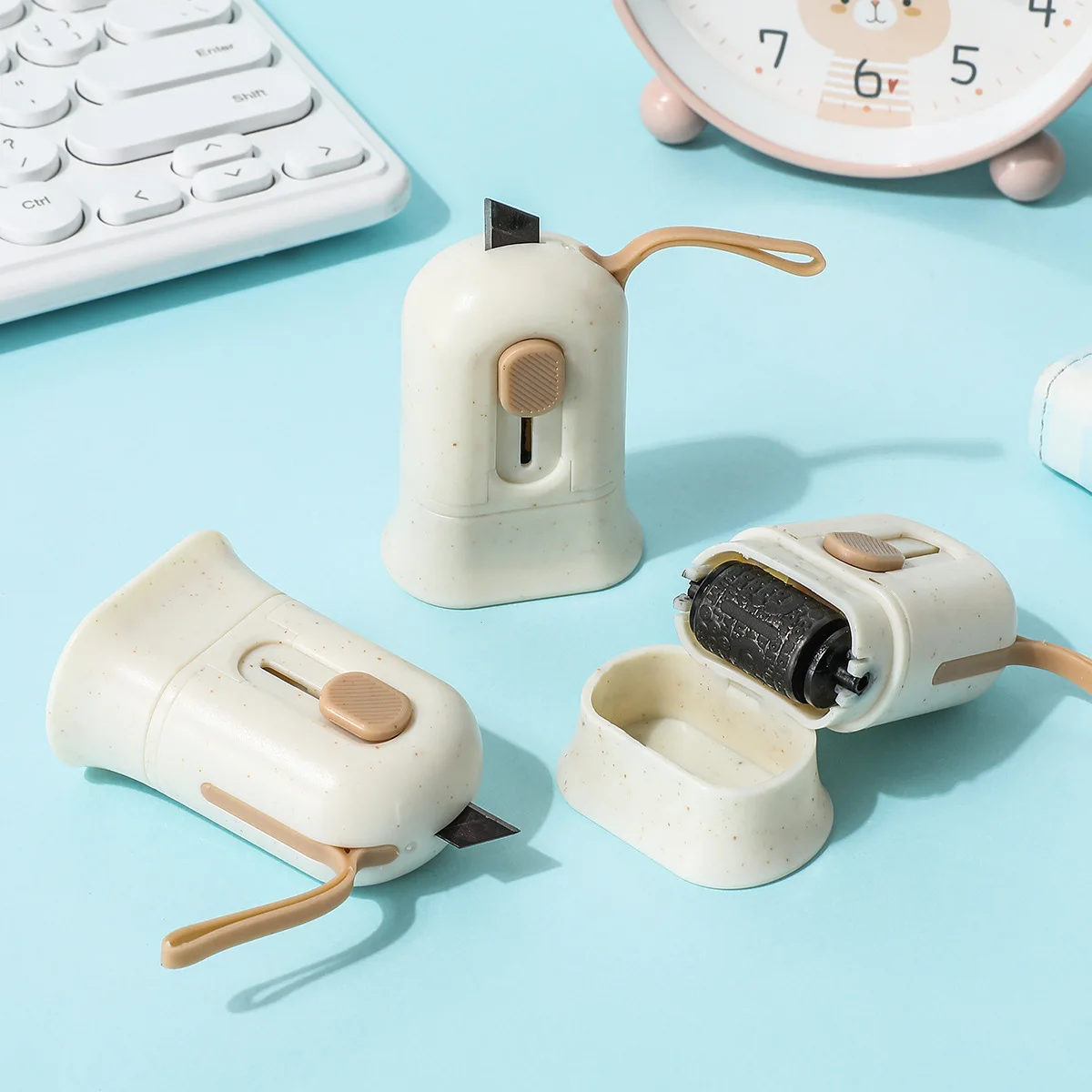 1Pc Multifunctionele Mini Mes Express Box Opener Verpakking Tape Cutter Ontvanger Informatie Privacy Protector Zwarte Roller Stempel